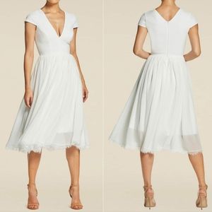Dress the Population off-white ivory Corey midi chiffon formal fit flare L 8/10